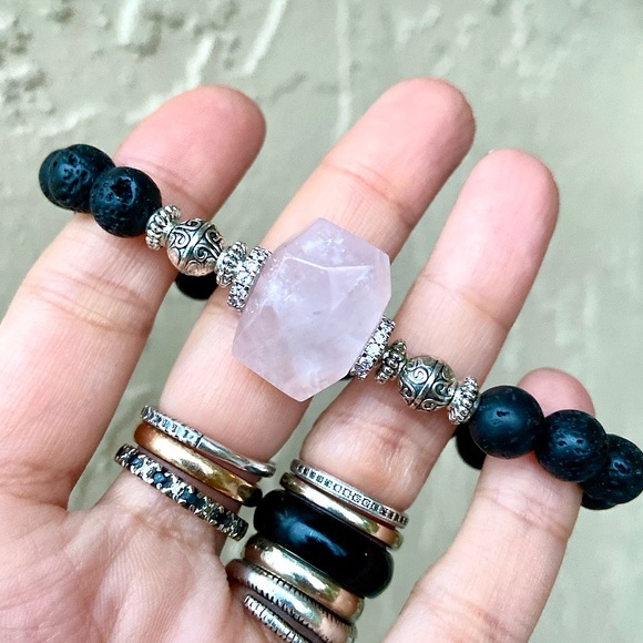 Genuine rose quartz , cz , lava rock bracelet - Picture 5 of 8